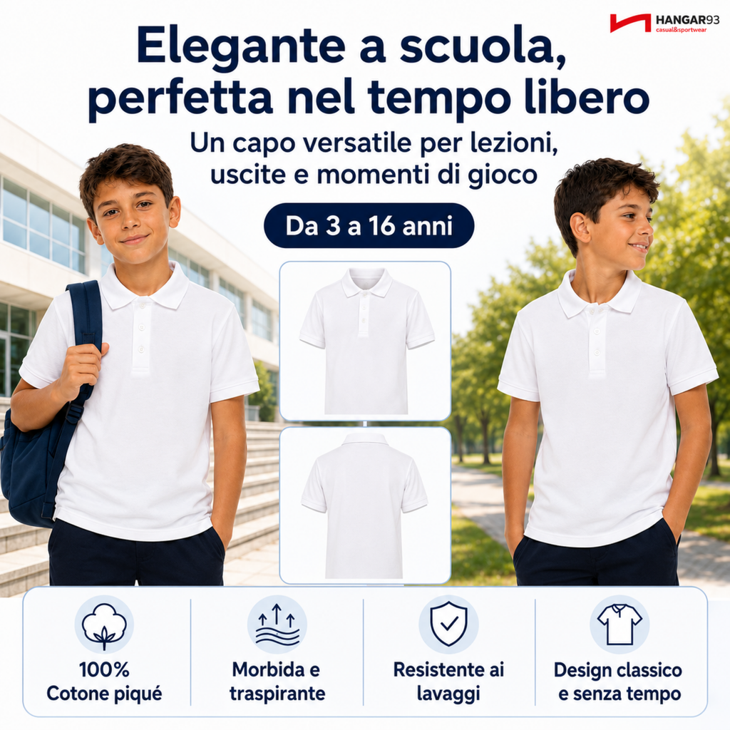 Polo Bianca Bambino 3-7 anni, 100% Cotone Piquet, Maglietta Bambina Unisex Taglie da 3 a 16 Anni, Fresca ed Elegante Perfetta per Scuola e Tempo Libero, Tessuto Anallergico