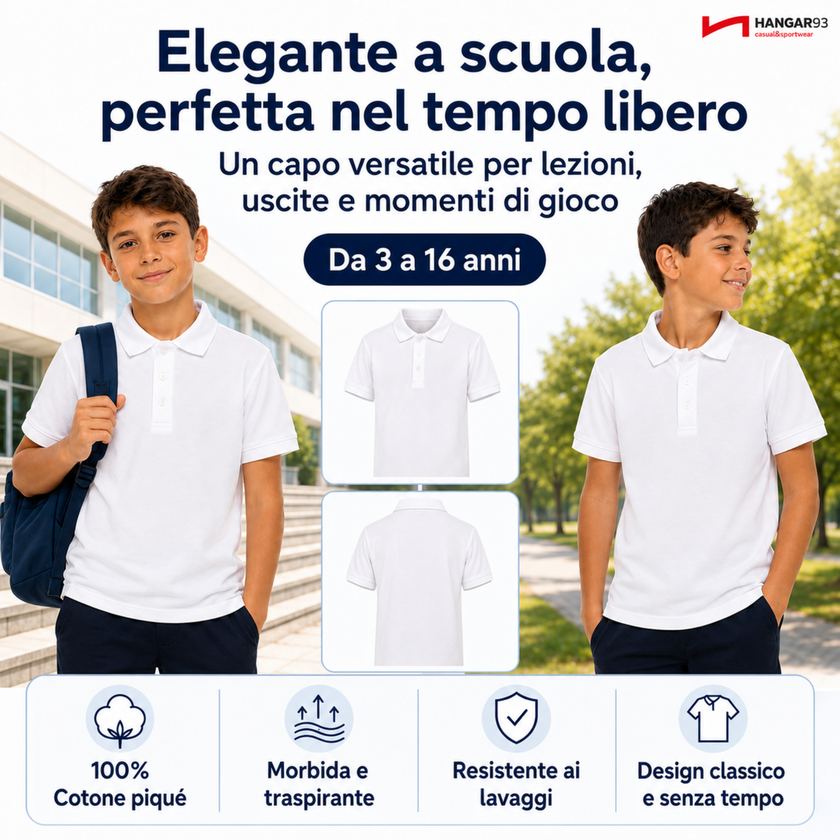 Polo Bianca Bambino 3-7 anni, 100% Cotone Piquet, Maglietta Bambina Unisex Taglie da 3 a 16 Anni, Fresca ed Elegante Perfetta per Scuola e Tempo Libero, Tessuto Anallergico