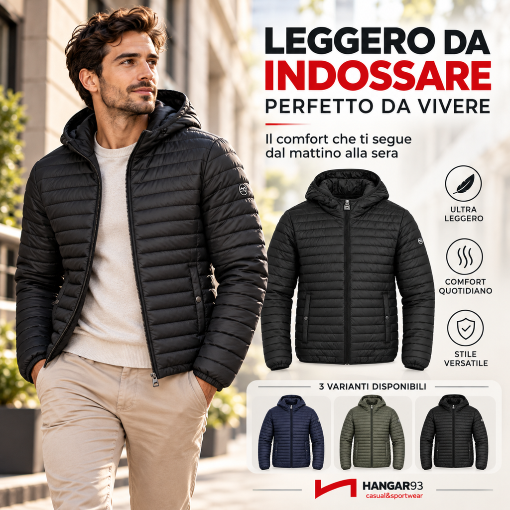 Piumino Uomo 100 Grammi con Cappuccio, Giubbotto Uomo Autunnale Primaverile Risulta Leggero e Comodo da Indossare Tutti i Giorni