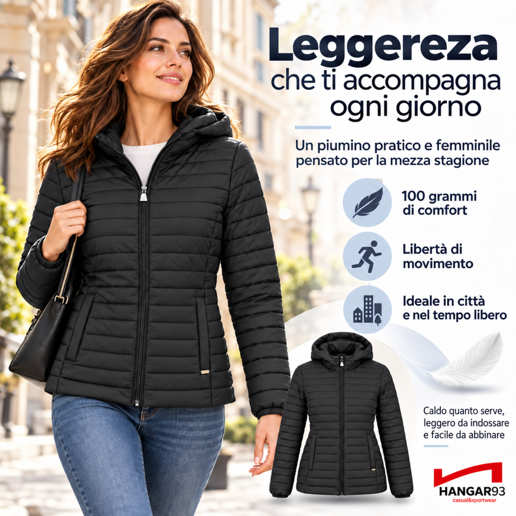 Piumino 100 grammi Donna Mezza Stagione, Piumino Donna 100 Grammi con Cappuccio Risulta Leggero, Caldo e Permette di Muoversi Liberamente per un Comfort Garantito