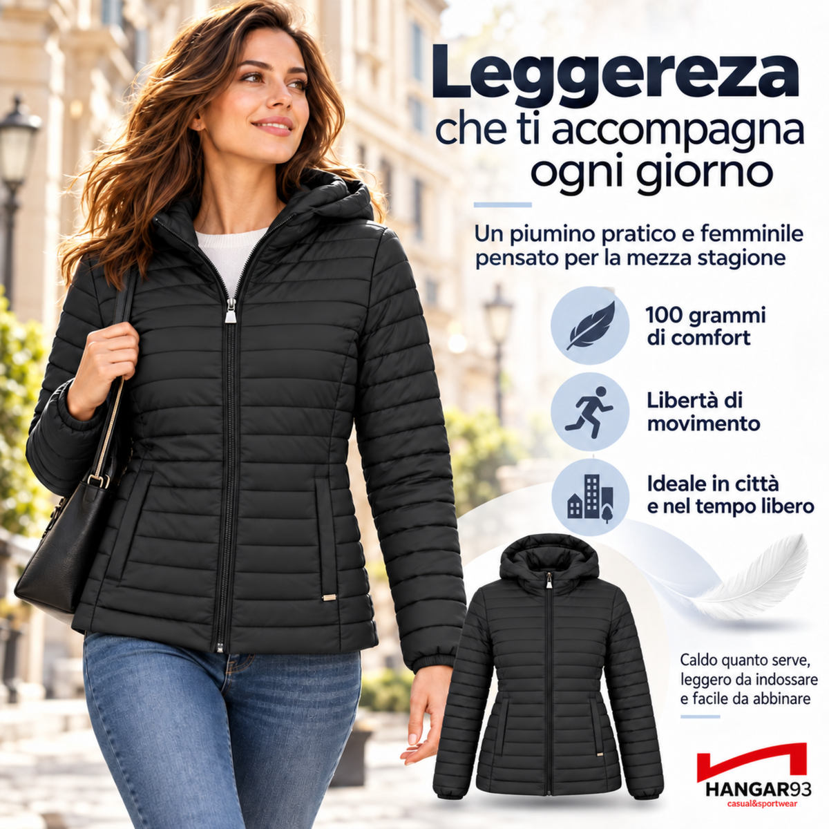 Piumino 100 grammi Donna Mezza Stagione, Piumino Donna 100 Grammi con Cappuccio Risulta Leggero, Caldo e Permette di Muoversi Liberamente per un Comfort Garantito
