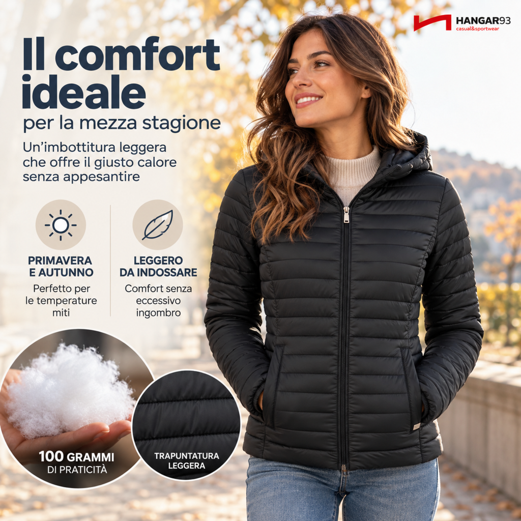 Piumino 100 grammi Donna Mezza Stagione, Piumino Donna 100 Grammi con Cappuccio Risulta Leggero, Caldo e Permette di Muoversi Liberamente per un Comfort Garantito