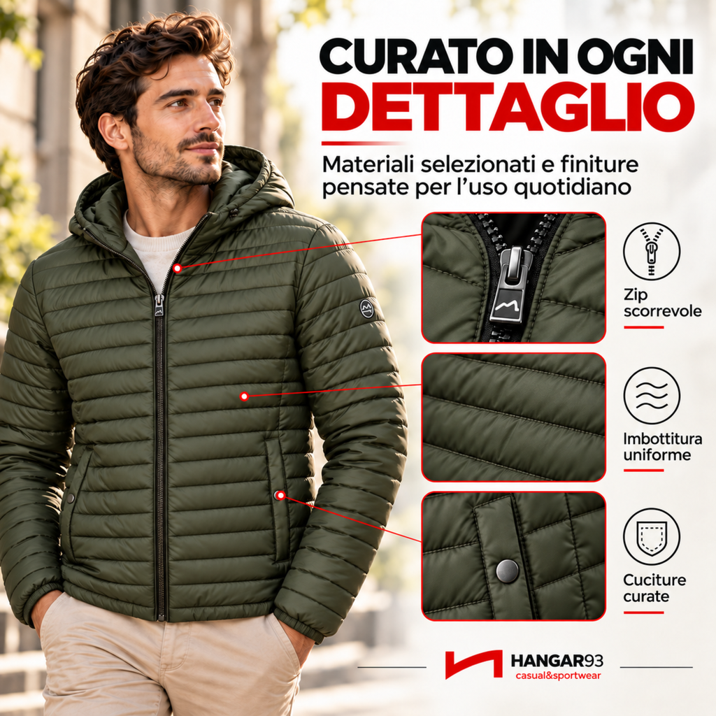 Piumino Uomo 100 Grammi con Cappuccio, Giubbotto Uomo Autunnale Primaverile Risulta Leggero e Comodo da Indossare Tutti i Giorni