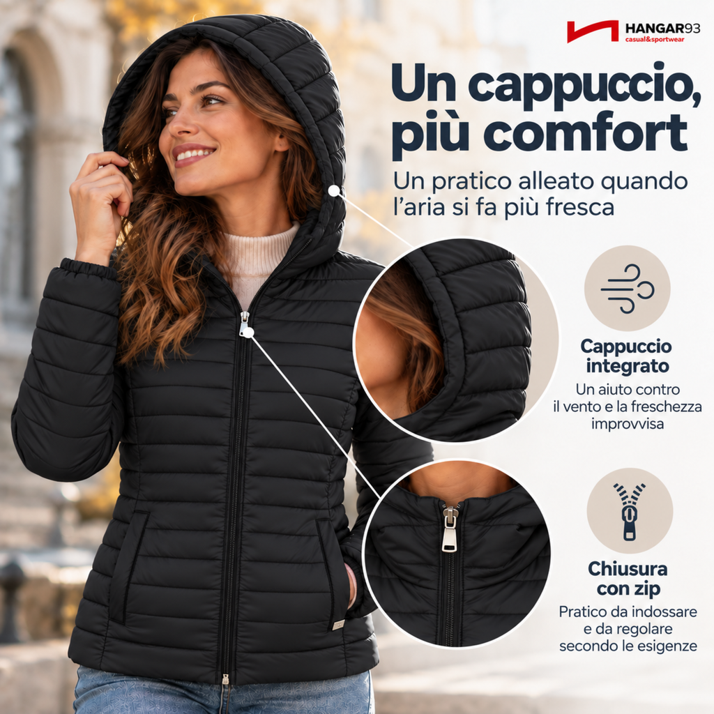 Piumino 100 grammi Donna Mezza Stagione, Piumino Donna 100 Grammi con Cappuccio Risulta Leggero, Caldo e Permette di Muoversi Liberamente per un Comfort Garantito