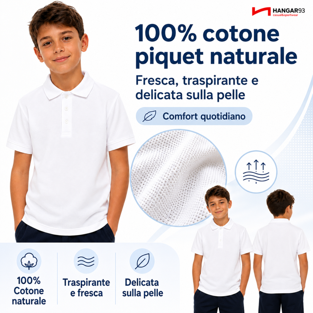 Polo Bianca Bambino 8-16 anni, 100% Cotone Piquet, Maglietta Bambina Unisex Taglie da 8 a 16 Anni, Fresca ed Elegante Perfetta per Scuola e Tempo Libero, Tessuto Anallergico