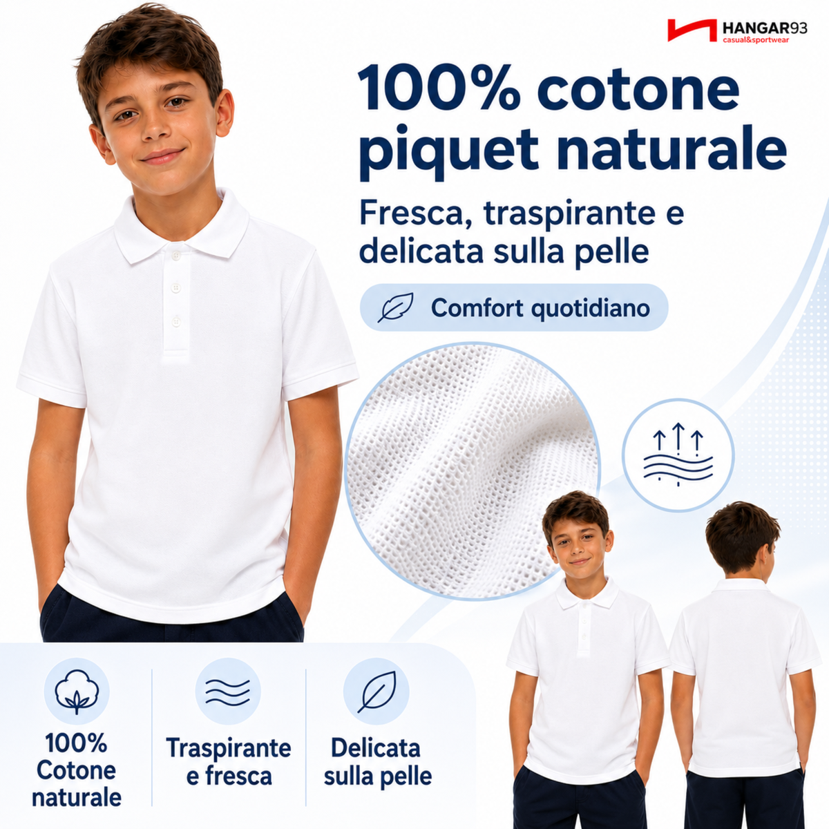 Polo Bianca Bambino 8-16 anni, 100% Cotone Piquet, Maglietta Bambina Unisex Taglie da 3 a 16 Anni, Fresca ed Elegante Perfetta per Scuola e Tempo Libero, Tessuto Anallergico