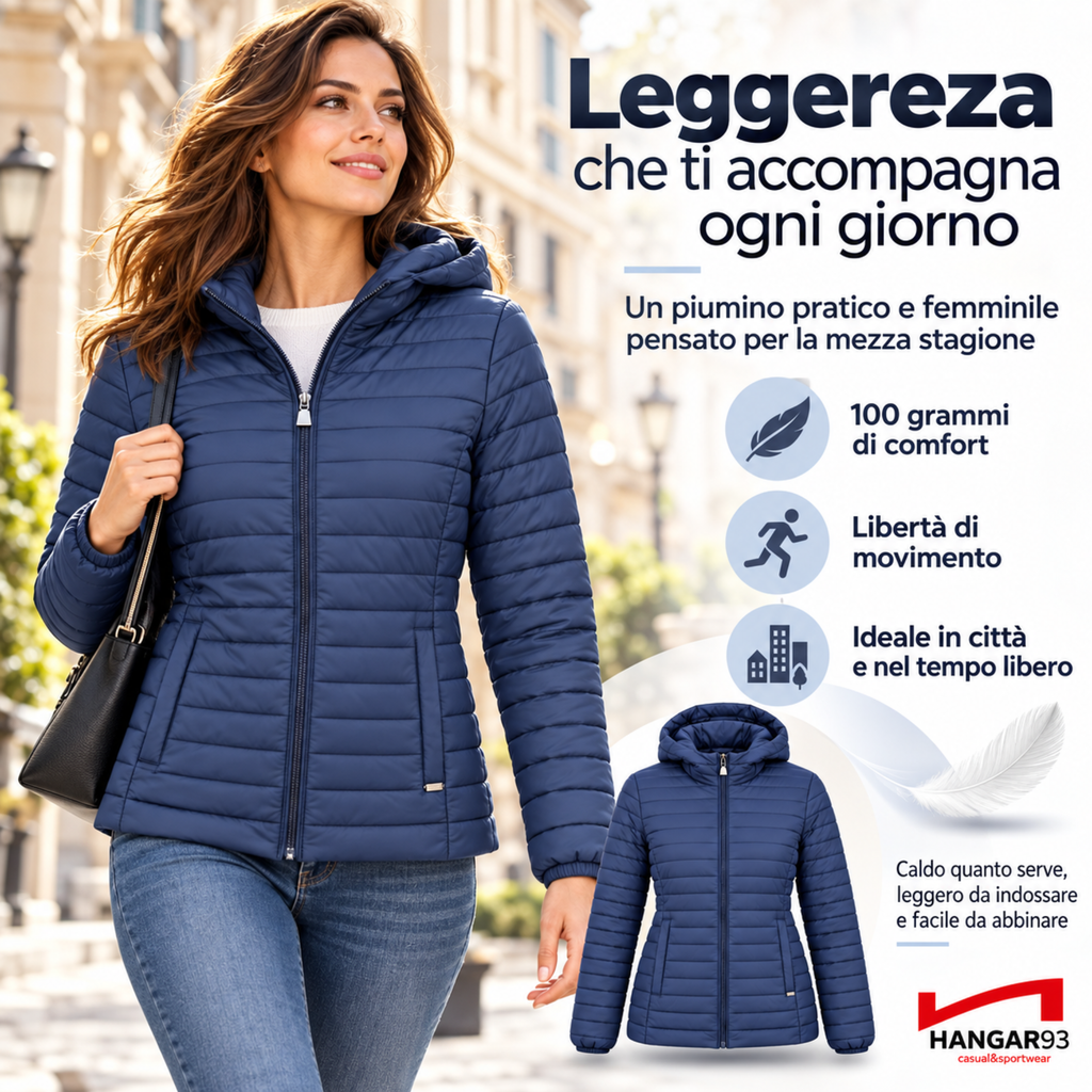 Piumino 100 grammi Donna Mezza Stagione, Piumino Donna 100 Grammi con Cappuccio Risulta Leggero, Caldo e Permette di Muoversi Liberamente per un Comfort Garantito