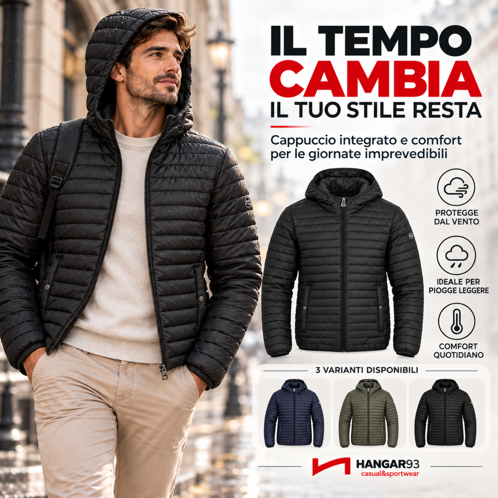 Piumino Uomo 100 Grammi con Cappuccio, Giubbotto Uomo Autunnale Primaverile Risulta Leggero e Comodo da Indossare Tutti i Giorni