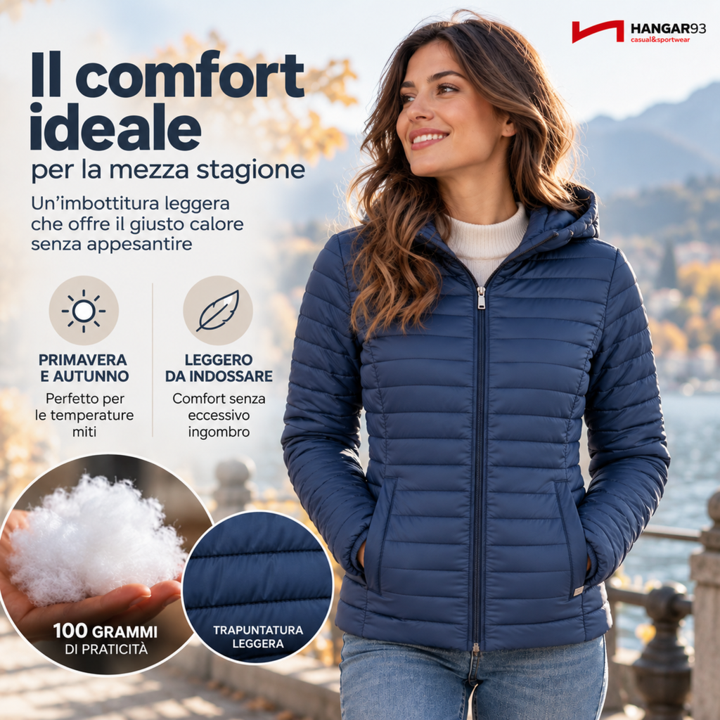 Piumino 100 grammi Donna Mezza Stagione, Piumino Donna 100 Grammi con Cappuccio Risulta Leggero, Caldo e Permette di Muoversi Liberamente per un Comfort Garantito