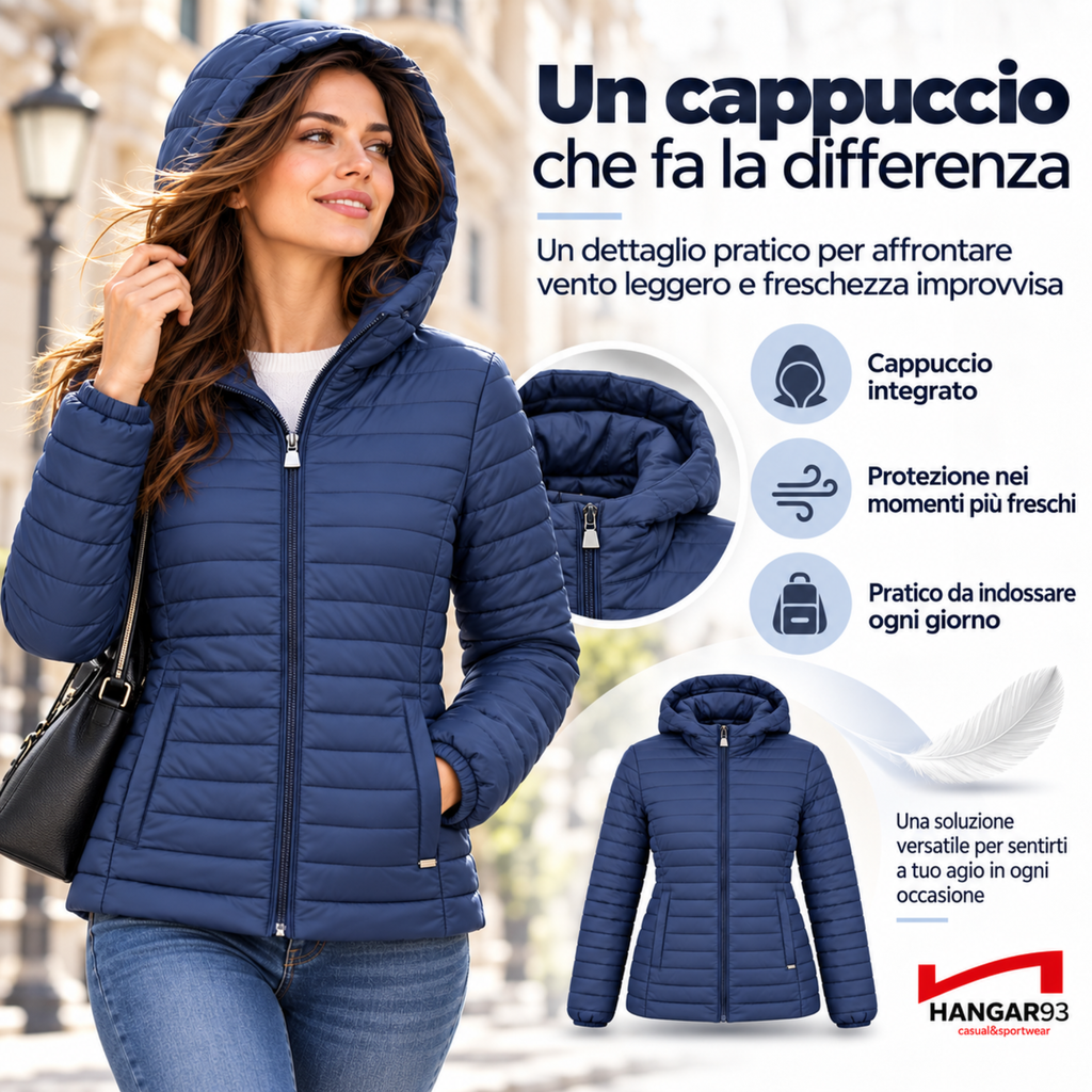 Piumino 100 grammi Donna Mezza Stagione, Piumino Donna 100 Grammi con Cappuccio Risulta Leggero, Caldo e Permette di Muoversi Liberamente per un Comfort Garantito