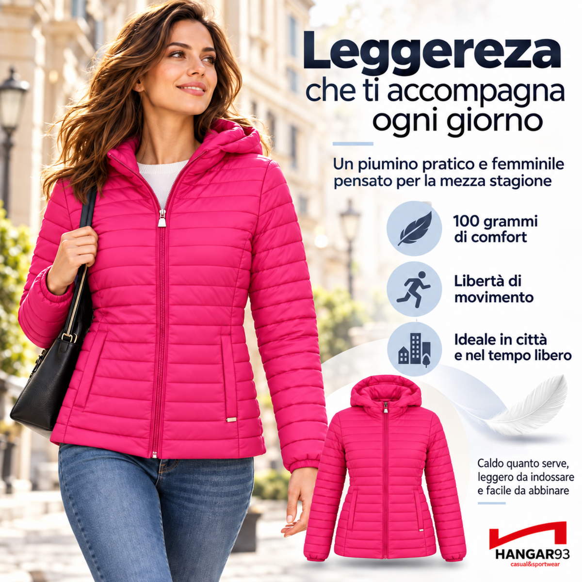 Piumino 100 grammi Donna Mezza Stagione, Piumino Donna 100 Grammi con Cappuccio Risulta Leggero, Caldo e Permette di Muoversi Liberamente per un Comfort Garantito