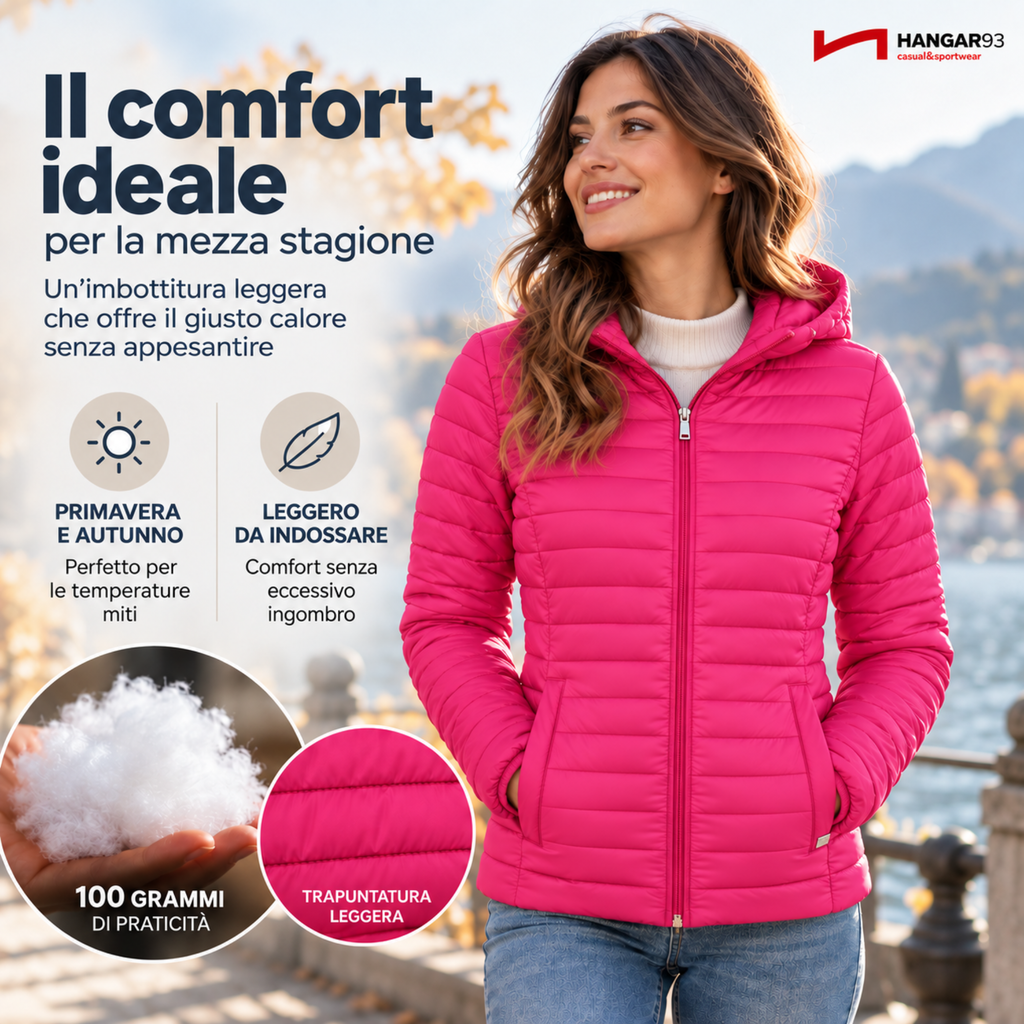 Piumino 100 grammi Donna Mezza Stagione, Piumino Donna 100 Grammi con Cappuccio Risulta Leggero, Caldo e Permette di Muoversi Liberamente per un Comfort Garantito