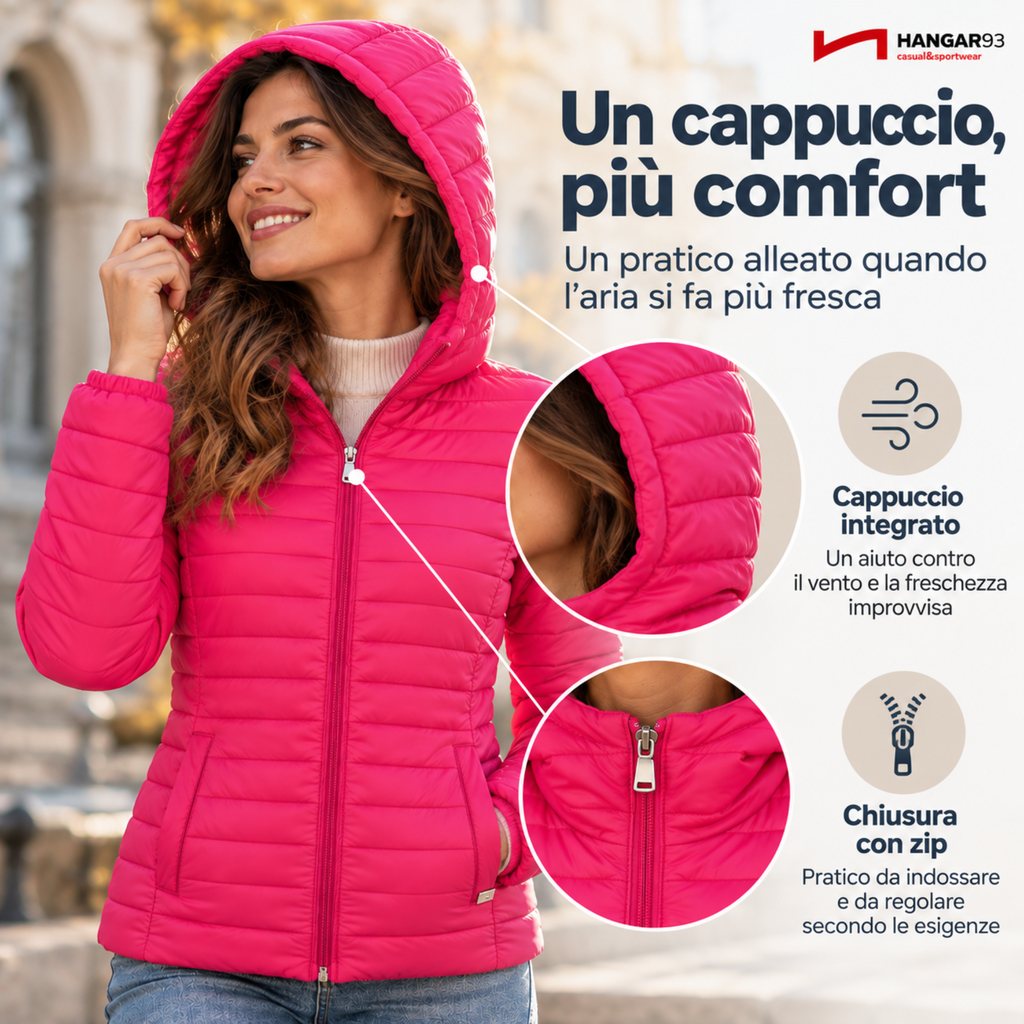 Piumino 100 grammi Donna Mezza Stagione, Piumino Donna 100 Grammi con Cappuccio Risulta Leggero, Caldo e Permette di Muoversi Liberamente per un Comfort Garantito