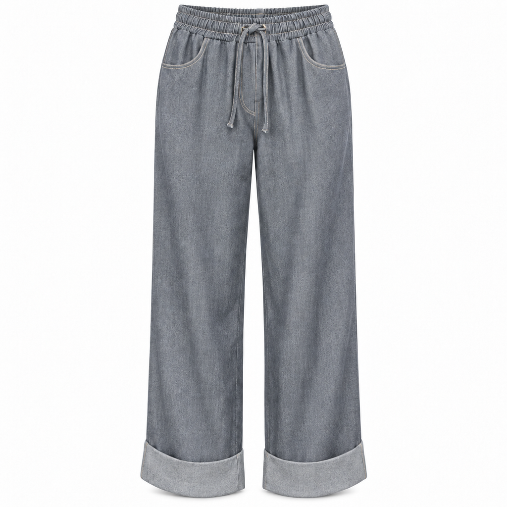 Pantalone effetto jeans a gamba larga con risvolto
