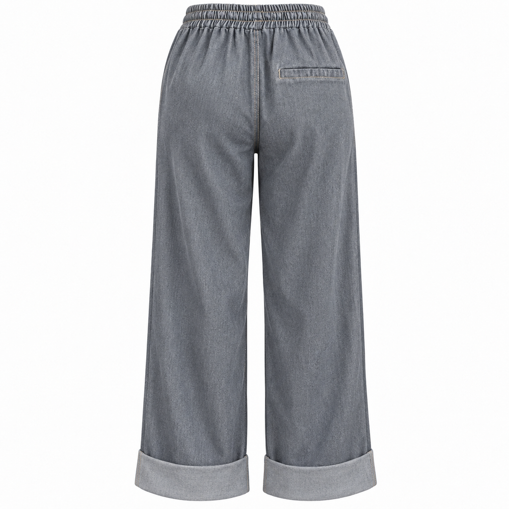 Pantalone effetto jeans a gamba larga con risvolto