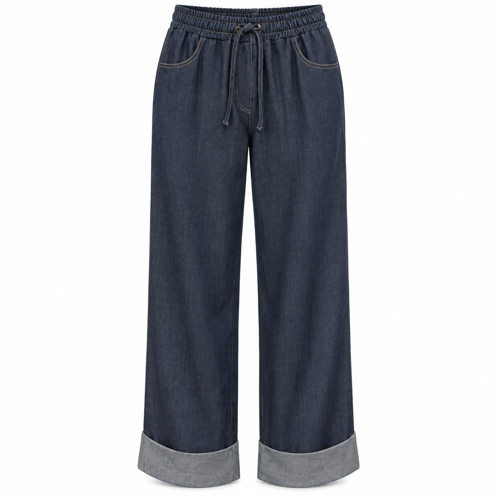 Pantalone effetto jeans a gamba larga con risvolto