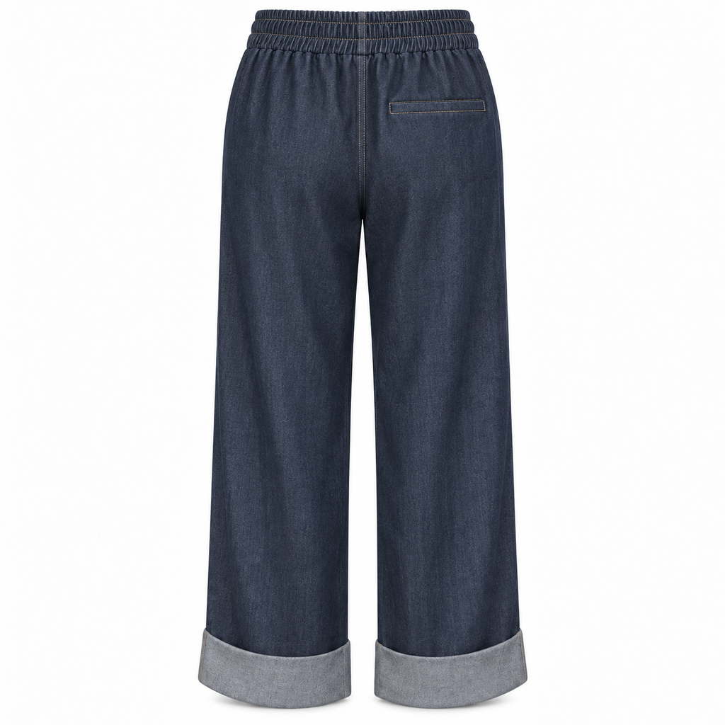 Pantalone effetto jeans a gamba larga con risvolto