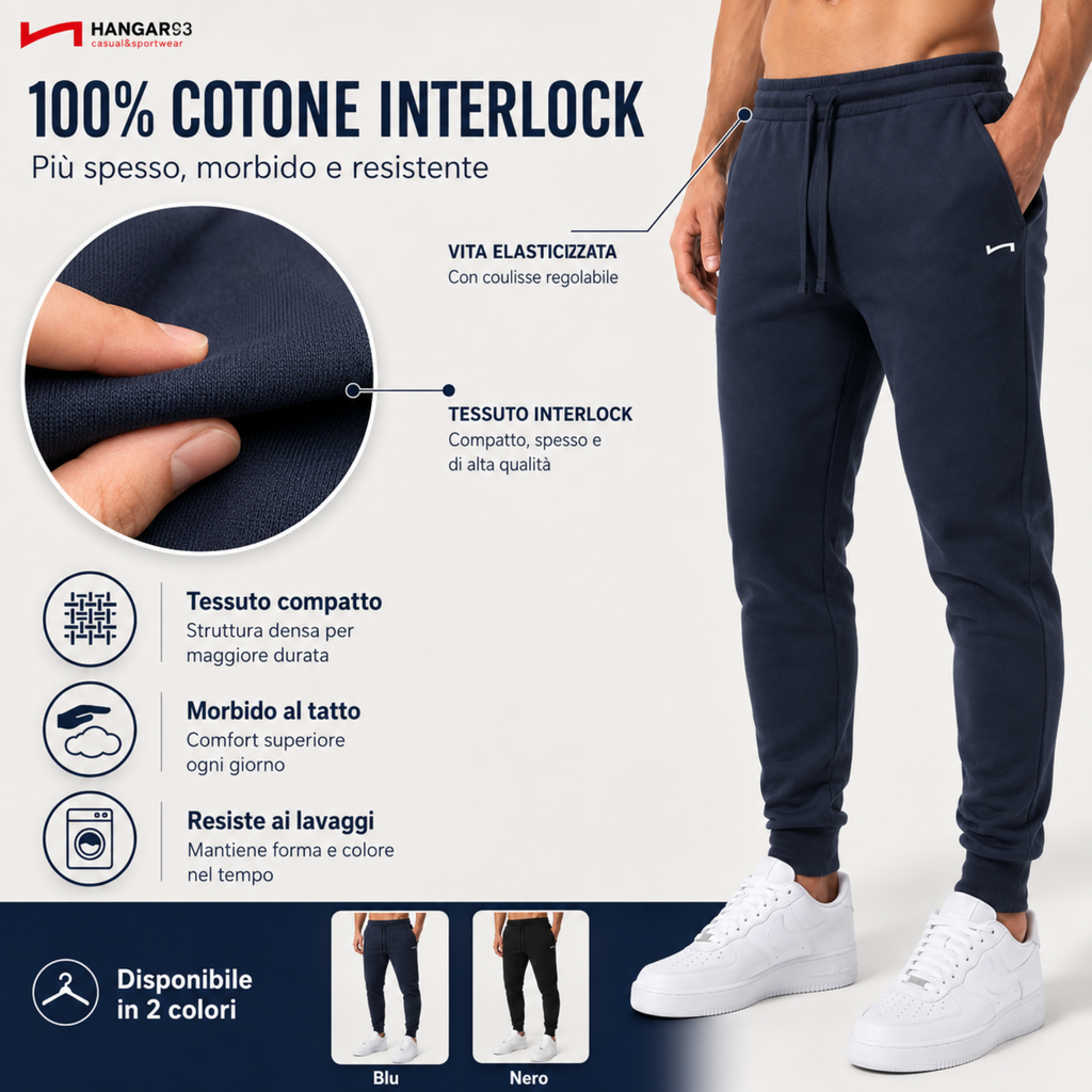 Pantaloni Tuta Uomo 100% Cotone Interlock 4 Stagioni, Pantalone con Tessuto Spesso Grazie alla Tessitura Interlock e Traspirante, per Palestra, Scuola, Lavoro, Look Casual