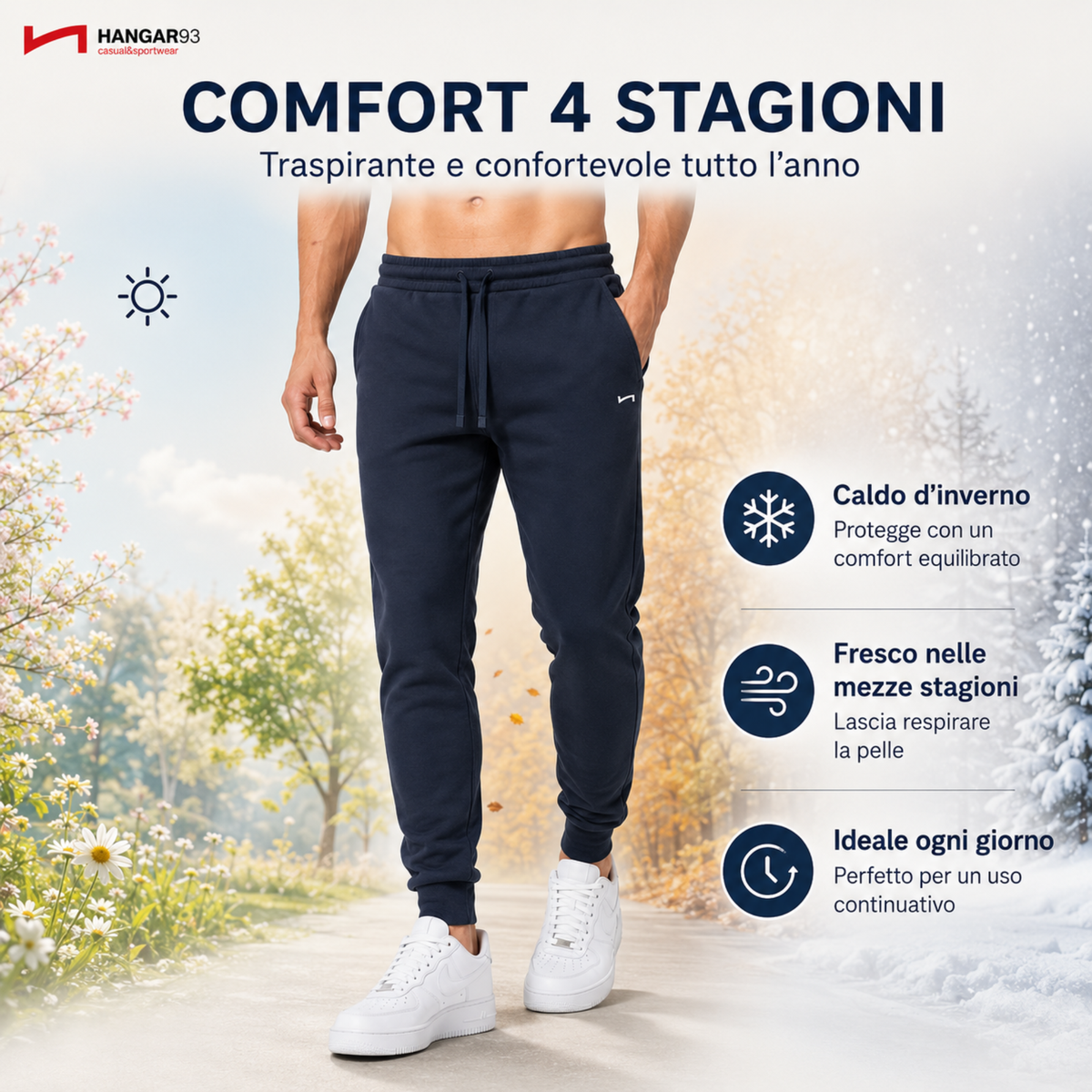 Pantaloni Tuta Uomo 100% Cotone Interlock 4 Stagioni, Pantalone con Tessuto Spesso Grazie alla Tessitura Interlock e Traspirante, per Palestra, Scuola, Lavoro, Look Casual