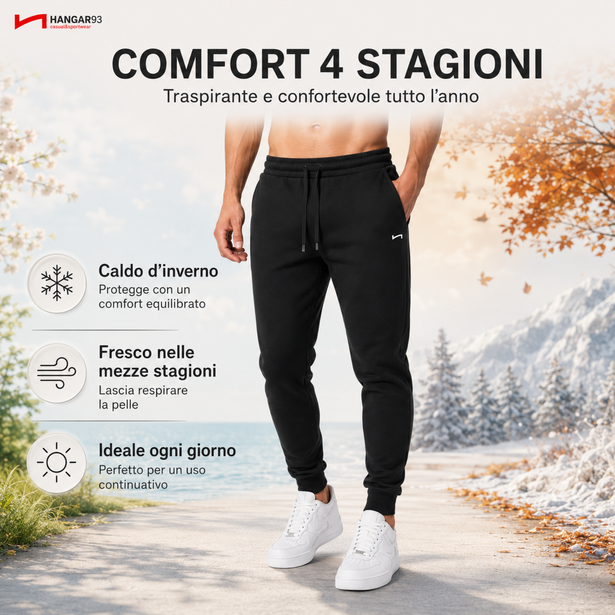 Pantaloni Tuta Uomo 100% Cotone Interlock 4 Stagioni, Pantalone con Tessuto Spesso Grazie alla Tessitura Interlock e Traspirante, per Palestra, Scuola, Lavoro, Look Casual